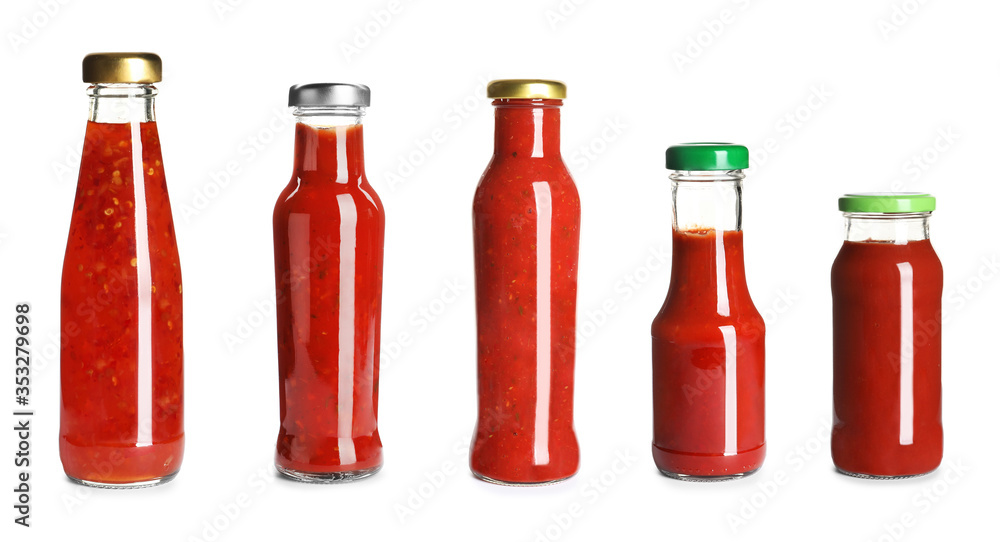 Set with delicious sauces in glass bottles on white background. Banner design Set with delicious sauces in glass bottles on white background. Banner design