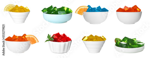Set of tasty jelly desserts on white background. Banner design