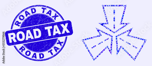 Geometric triple roads intersection mosaic icon and Road Tax seal stamp. Blue vector rounded distress seal stamp with Road Tax phrase. Abstract mosaic of triple roads intersection combined of round,