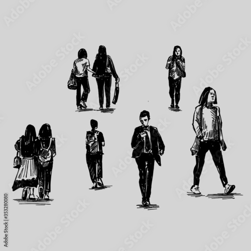 Drawing of people are walking in Hong Kong 