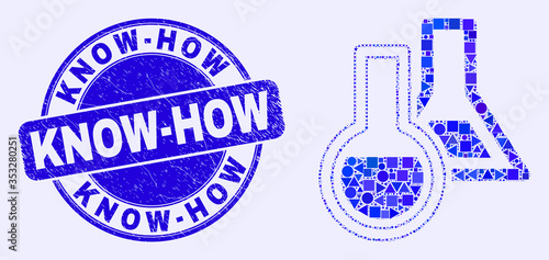 Geometric chemical glassware mosaic pictogram and Know-How stamp. Blue vector round distress stamp with Know-How text. Abstract composition of chemical glassware done of round, triangles,