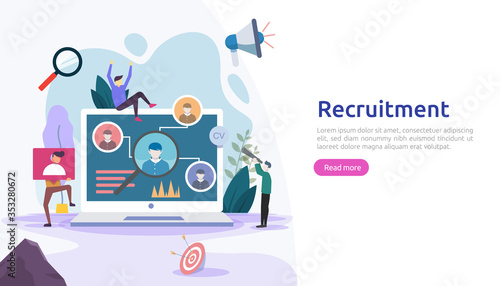 Job hiring and online recruitment concept with tiny people character. agency interview. select a resume process. template for web landing page, banner, presentation, social media. Vector illustration.