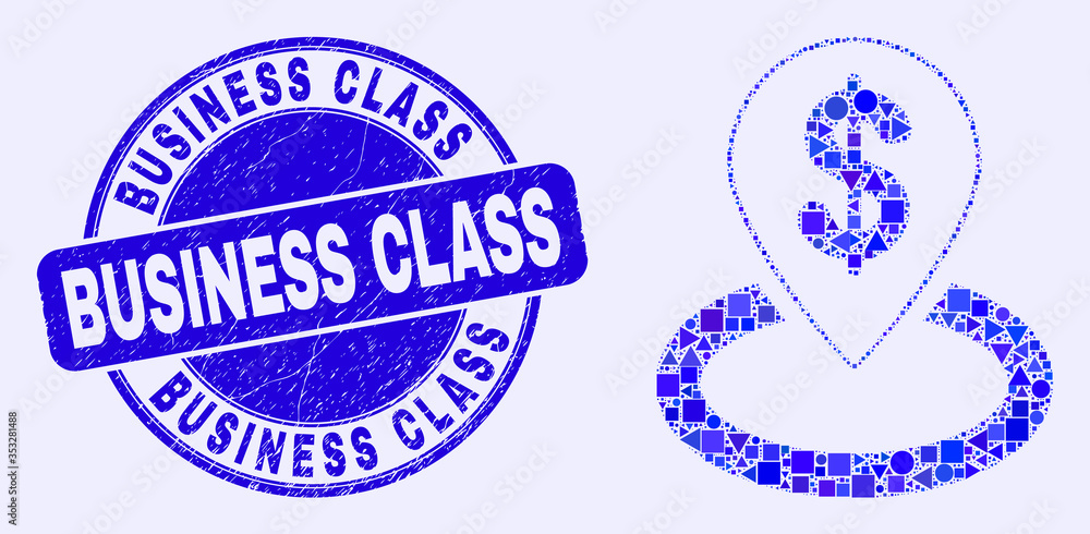 Geometric bank location mosaic pictogram and Business Class seal stamp. Blue vector round distress seal stamp with Business Class phrase. Abstract composition of bank location done of round,