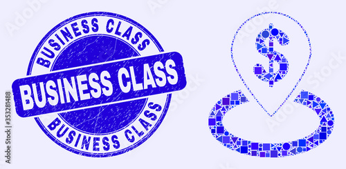 Geometric bank location mosaic pictogram and Business Class seal stamp. Blue vector round distress seal stamp with Business Class phrase. Abstract composition of bank location done of round,