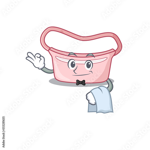 A cartoon picture of women waist bag waiter with a white napkin