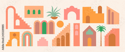 Set of flat geometry architecture elements, Moroccan stairs, walls, arch, arc, palm. Boho style. Mid Century modern abstract print. Earthy tone, terracotta colors. Contemporary aesthetic background.