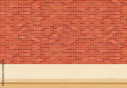 Empty wood table top on brown brick wall background, Template mock up for display of product. Vector illustration eps 10.