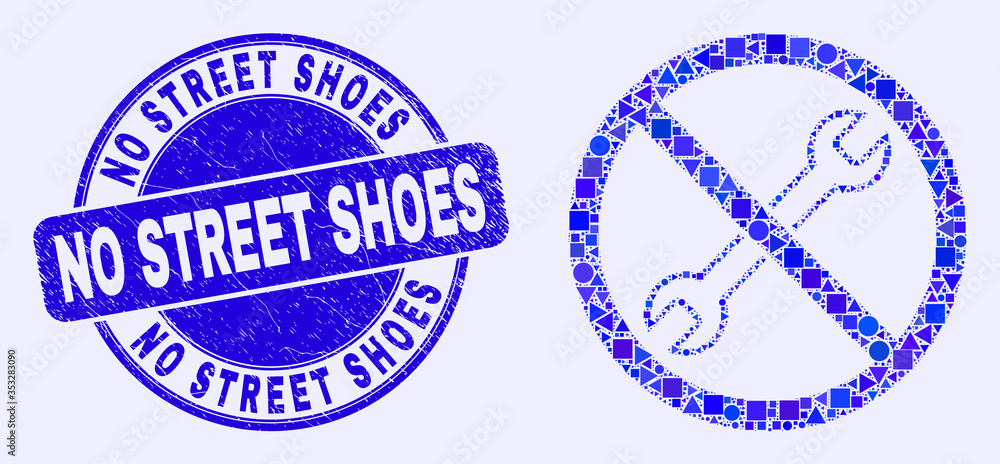 Obraz premium Geometric forbidden repair mosaic pictogram and No Street Shoes stamp. Blue vector rounded distress stamp with No Street Shoes text. Abstract mosaic of forbidden repair designed of circle, tringle,