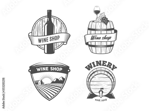 Wine shop logos. Set of vintage badges for wine shop or winery. Vector black and white stickers with wooden barrels, vineyard, glass, bottle, grape, and other elements