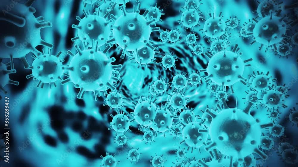 Coronavirus COVID19 infection visualization. Patoghen cells inside infected human shown as neon azure spherical microorganisms on a black background. Abstract concept in 3d rendering closeup 4K video. Coronavirus COVID19 infection visualization. Patoghen cells inside infected human shown as neon azure spherical microorganisms on a black background. Abstract concept in 3d rendering closeup 4K video.