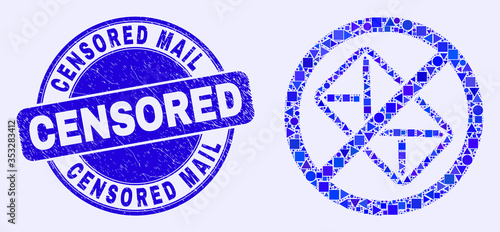 Geometric stop letter mosaic pictogram and Censored Mail stamp. Blue vector round scratched seal stamp with Censored Mail phrase. Abstract concept of stop letter designed of round, triangles,
