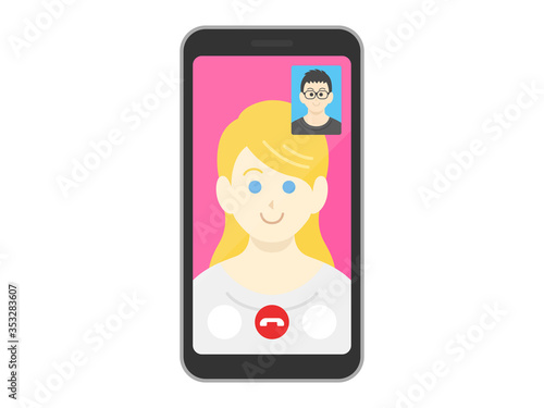 テレビ電話をする白人女性のイラスト