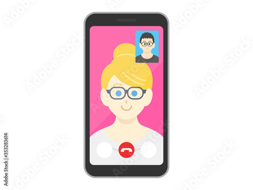 テレビ電話をする白人女性のイラスト