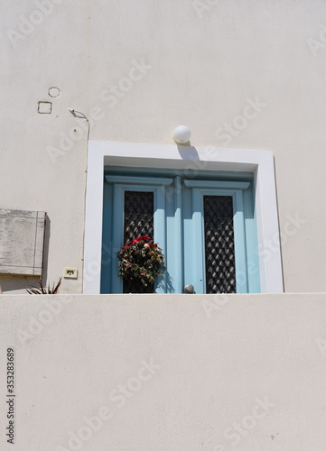 Blue window with shudders and flowers.