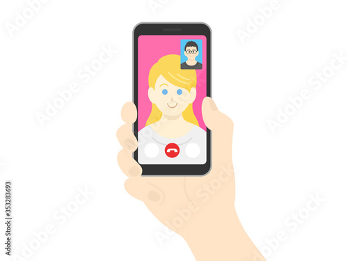 テレビ電話をする白人女性のイラスト