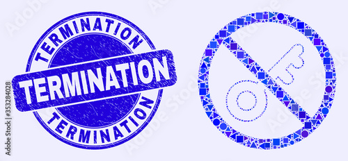 Geometric forbidden key mosaic icon and Termination seal. Blue vector round textured seal stamp with Termination caption. Abstract mosaic of forbidden key organized of spheric, tringle,