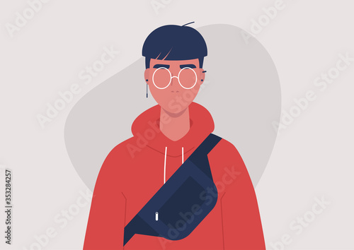 Street wear style, fashionable teenage male character wearing a hoodie, a fanny pack and jewellery accessories