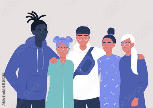 A diverse group of teenagers hugging each other, street style, generation z