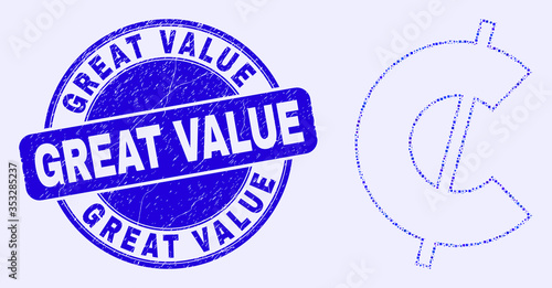 Geometric cent mosaic pictogram and Great Value seal stamp. Blue vector rounded textured seal stamp with Great Value caption. Abstract mosaic of cent created of spheric, tringle,