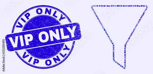 Geometric filter mosaic icon and Vip Only seal stamp. Blue vector round distress seal stamp with Vip Only title. Abstract mosaic of filter constructed of circle, triangles, square geometric spots.