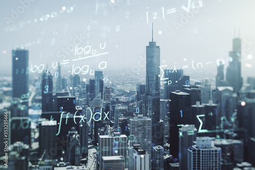 Scientific formula illustration on Chicago cityscape background  science and research concept. Multiexposure