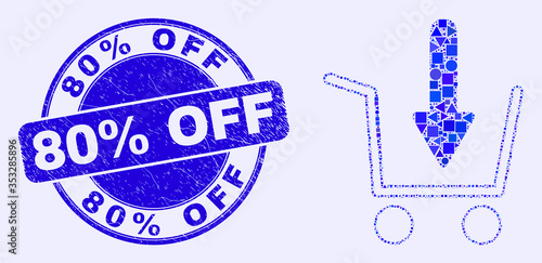 Geometric put shopping item mosaic icon and 80% Off seal stamp. Blue vector round distress seal with 80% Off caption. Abstract composition of put shopping item done of circle, triangles,
