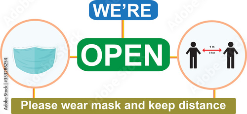 Open again after quarantine, vector illustration of small business owner welcoming customers, information re-opening of shop, service, cafe, restaurant, barbershop are working again, We are Open again