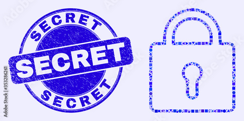 Geometric lock mosaic pictogram and Secret seal. Blue vector round textured seal with Secret title. Abstract mosaic of lock designed of round, triangles, square geometric items.