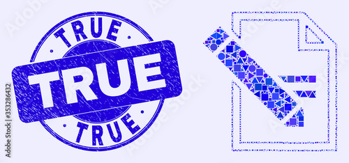 Geometric edit text page mosaic icon and True seal. Blue vector round textured seal stamp with True caption. Abstract composition of edit text page designed of round, triangles,