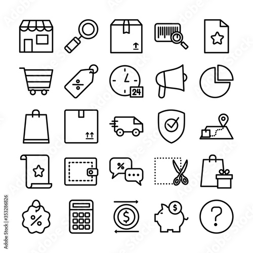 magnifying glass and shopping online icon set, line style