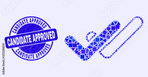Geometric valid ticks mosaic icon and Candidate Approved stamp. Blue vector round distress seal stamp with Candidate Approved caption. Abstract concept of valid ticks combined of round, triangles,
