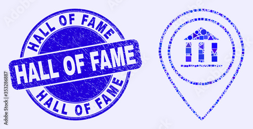 Geometric museum map marker mosaic pictogram and Hall of Fame seal. Blue vector rounded textured seal stamp with Hall of Fame message. Abstract mosaic of museum map marker organized of circle,