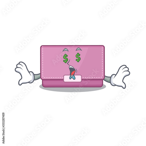 wealthy cartoon character concept of womens wallet with money eyes
