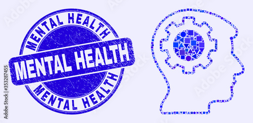 Geometric gear thinking head mosaic icon and Mental Health stamp. Blue vector rounded textured stamp with Mental Health text. Abstract mosaic of gear thinking head organized of spheric, tringle,