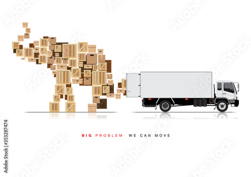 VECTOR EPS10 - white truck open container move boxes, its set in elephant shape.
advertising artwork template with simple text "big problem we can move",
design for transportation business concept.