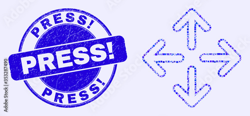 Geometric meeting point arrows mosaic icon and Press! seal stamp. Blue vector round distress seal stamp with Press! phrase. Abstract collage of meeting point arrows composed of round, triangles,