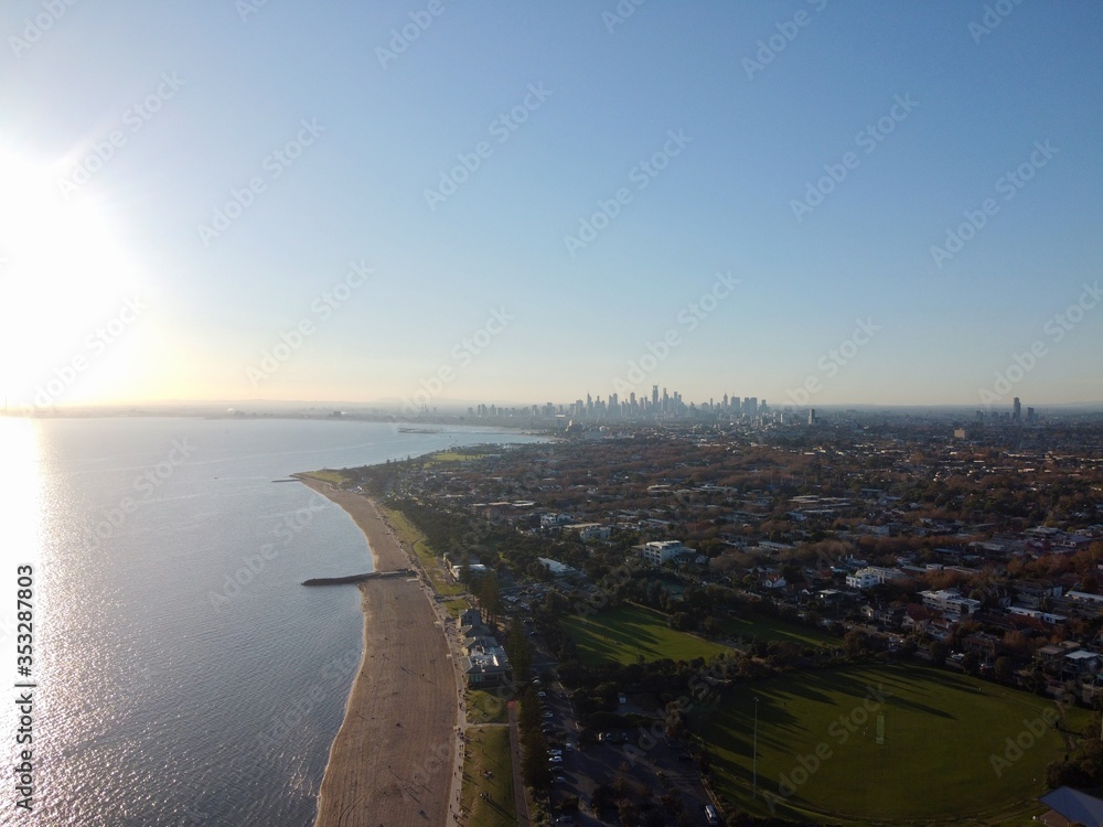 Aerial view of Melbourne over beach 