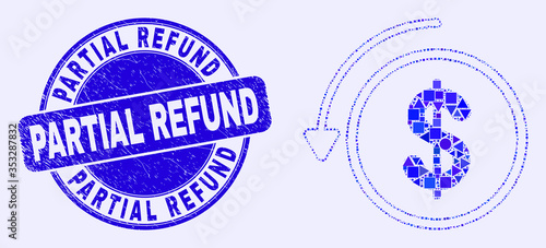 Geometric undo payment mosaic icon and Partial Refund seal stamp. Blue vector rounded grunge seal stamp with Partial Refund text. Abstract mosaic of undo payment composed of spheric, tringle,