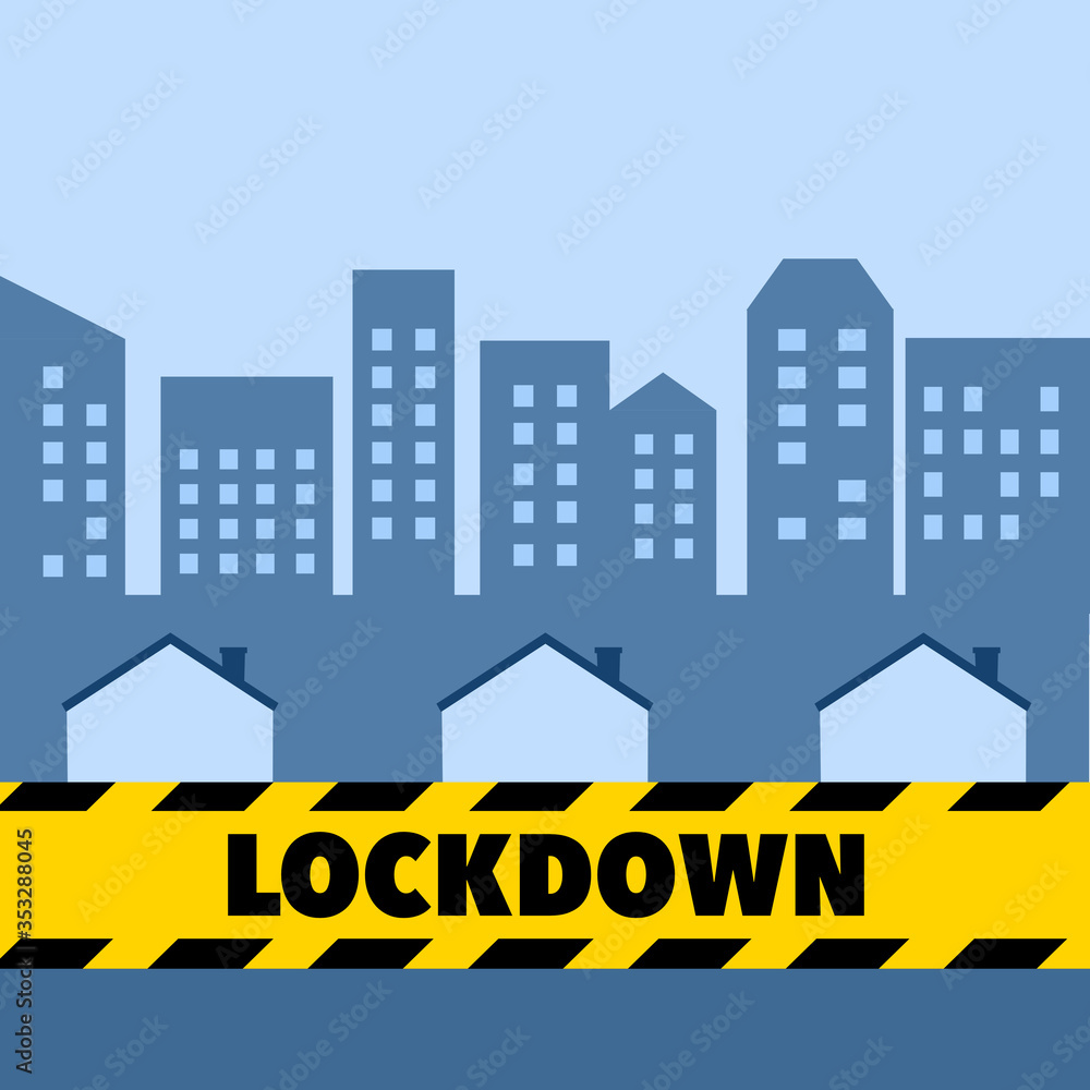  Lockdown the city to prevent spreading of Covid-19 coronavirus disease pandemic outbreak. Curfew for people in the city. Stay at home campaign. Design for web, banner, poster.