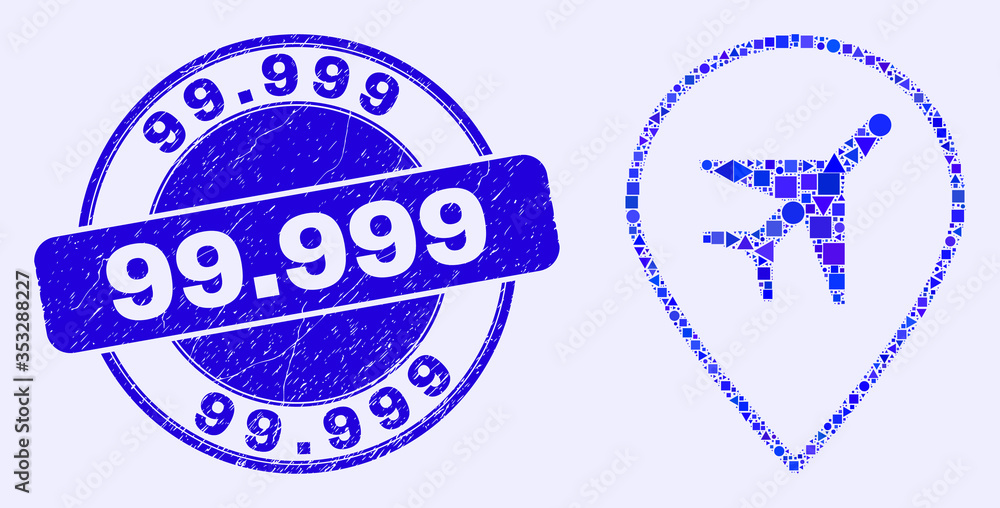 Geometric airport map marker mosaic icon and 99.999 seal stamp. Blue ...