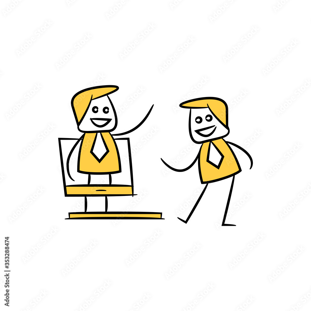 businessman greeting his colleagues in video conference yellow stick figure doodle theme