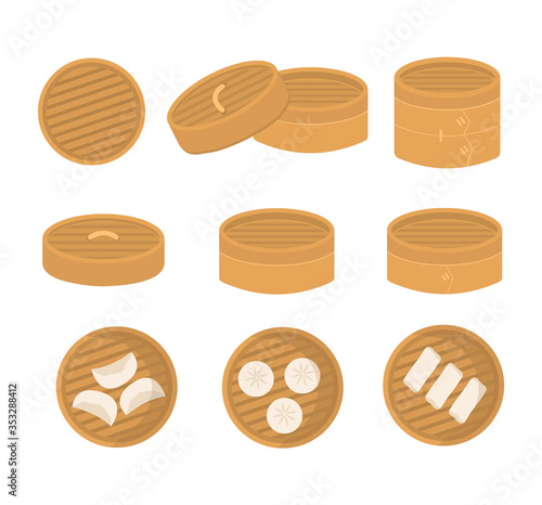 Set of Chinese bamboo steamer in different angle. Serving of dimsum dumplings, gyoza. Flat vector cartoon illustration.