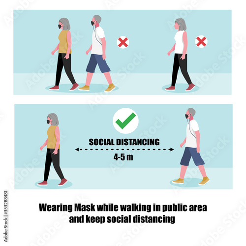 Senior (Elderly) walking and exercising outdoor, park, street. Wearing mask while walking and keep distance due to coronavirus covid 19. New normal and social distancing concept. vector illustration.