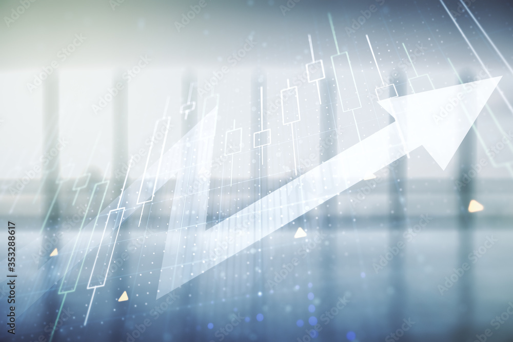 Abstract creative financial diagram and upward arrow hologram on empty room interior background, growth and development concept Abstract creative financial diagram and upward arrow hologram on empty room interior background, growth and development concept
