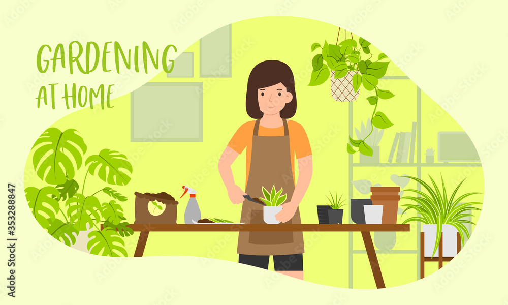 Stay home and Gardening at home concept vector illustration, female planting in home garden Stay home and Gardening at home concept vector illustration, female planting in home garden