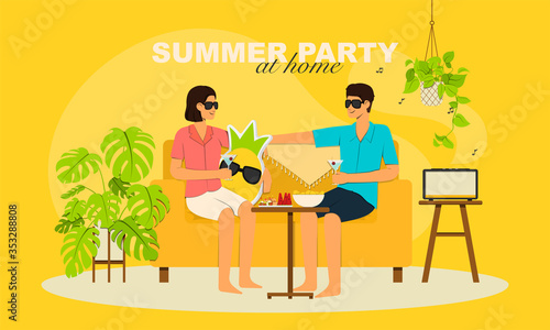 Summer party at home  male and female sitting on couch  drinks and eating summer fruits at home