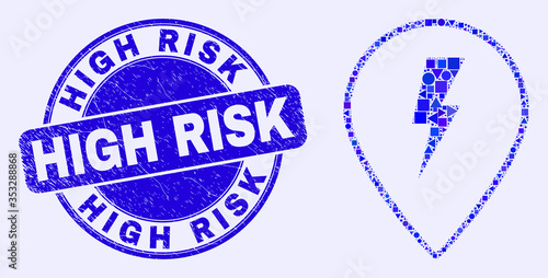 Geometric electric map marker mosaic icon and High Risk seal stamp. Blue vector round distress stamp with High Risk title. Abstract mosaic of electric map marker created of sphere, tringle,
