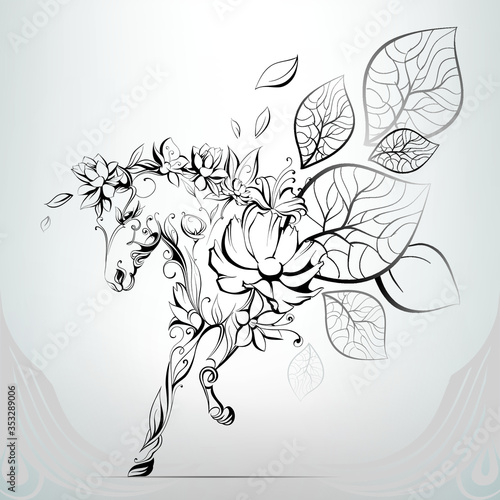 Horses silhouettes of flowers