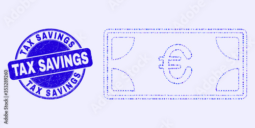Geometric euro banknotes income mosaic pictogram and Tax Savings seal stamp. Blue vector rounded textured seal stamp with Tax Savings message.