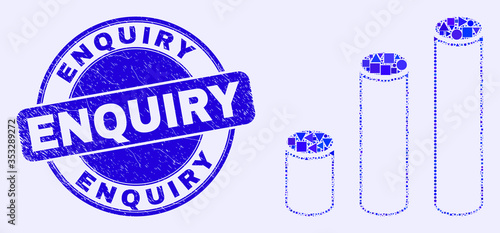 Geometric cylinder chart mosaic pictogram and Enquiry seal stamp. Blue vector rounded grunge seal stamp with Enquiry title. Abstract collage of cylinder chart composed of round, triangles,